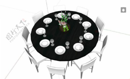 室内SU圆形餐桌模型九人圆桌现在简约家具