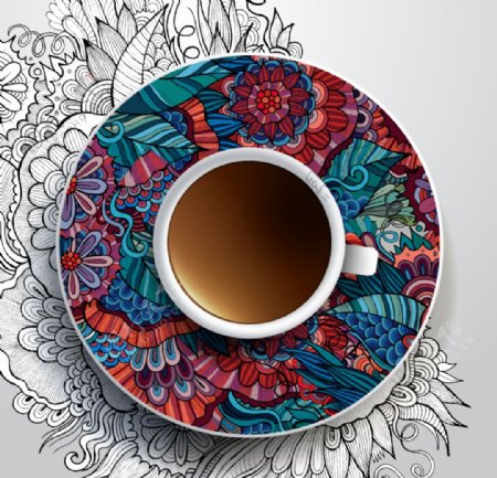 花纹碟子与咖啡矢量素材