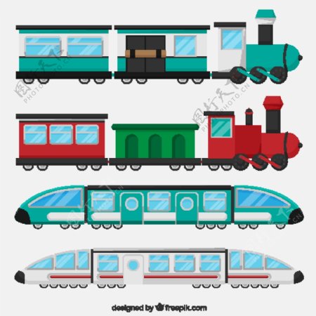 手绘扁平风格各种火车插图