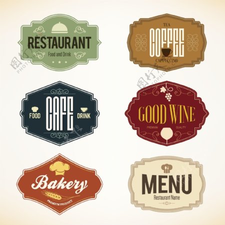 6款复古餐饮菜单标签矢量素材