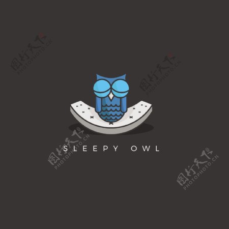 睡觉的蓝色猫头鹰插图黑色背景