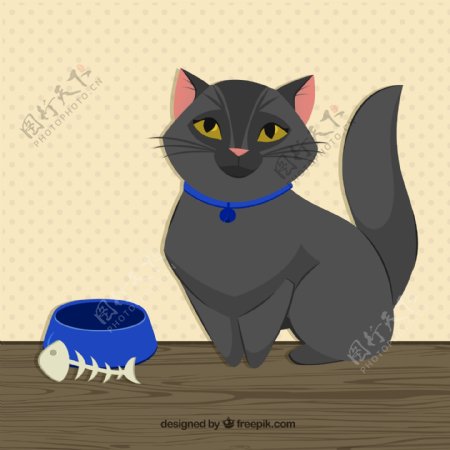 可爱黑色宠物猫和鱼骨头矢量素材