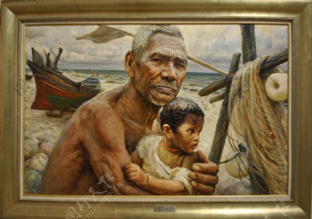 油画的渔民相框油画图片