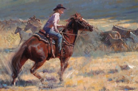 黄色草地上骑马的美女油画图片