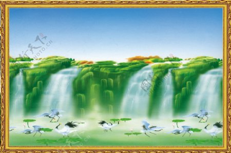 瀑布山水风景中堂画图片