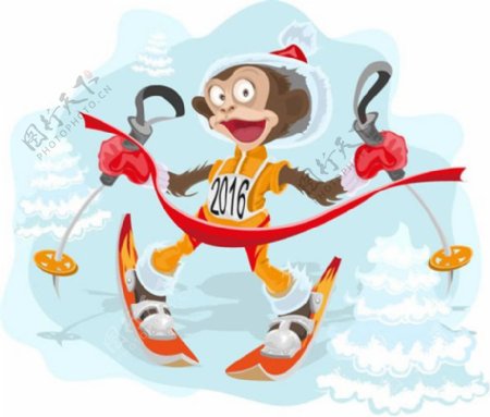卡通滑雪的猴子设计矢量素材下载