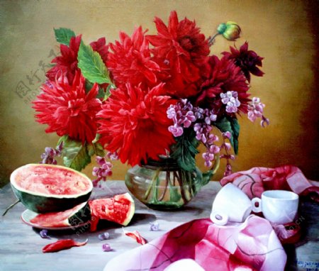 花瓶与西瓜油画图片