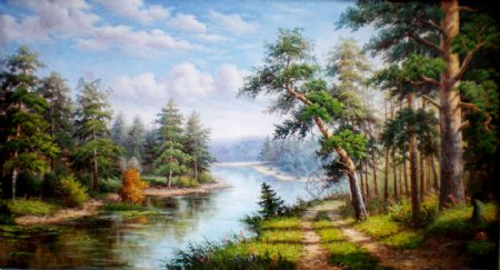 油画河流树木图片