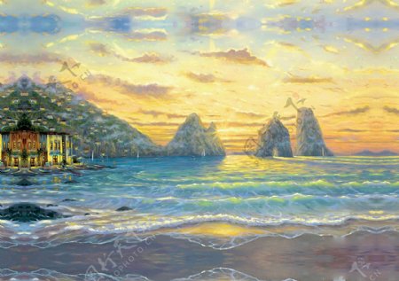 海边别墅油画图片