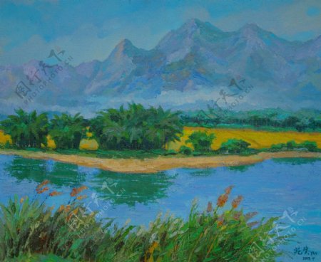 山峰河流风景油画图片