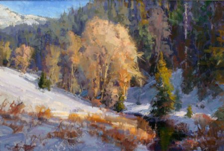 树林雪景油画图片
