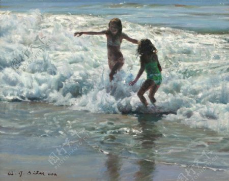 海滩上玩耍的小女孩油画图片