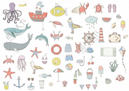 可爱彩色手绘儿童插画海洋生日章鱼矢量