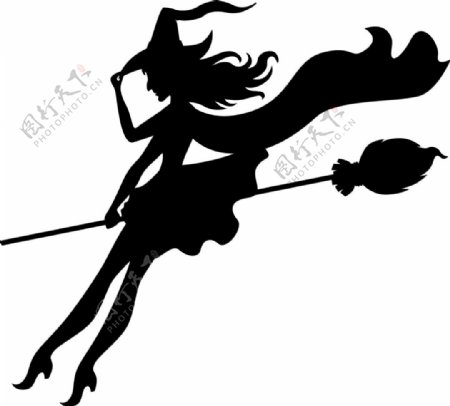 骑扫帚飞行的女巫剪影矢量素材下载