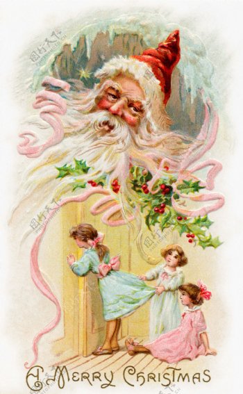 复古圣诞老人与小女孩图片