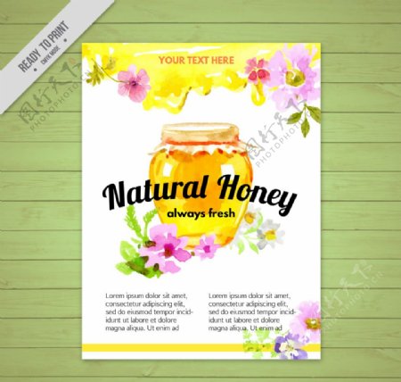 水彩蜂蜜罐与鲜花小册子