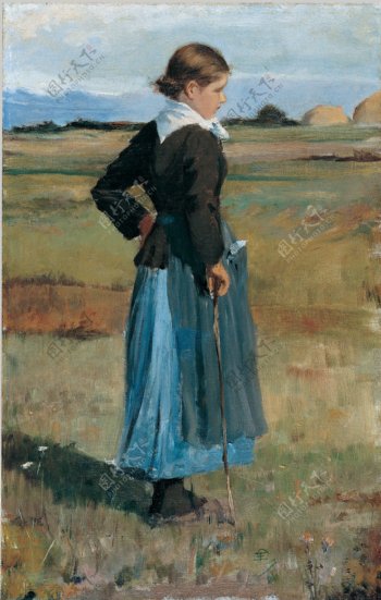 草地上的欧洲女子油画图片