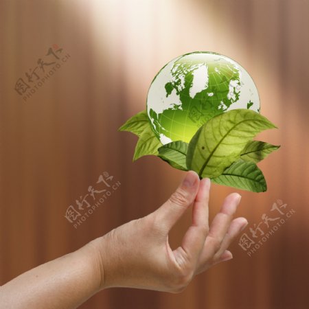女性的手拿着绿色的地球与一个生长的植物