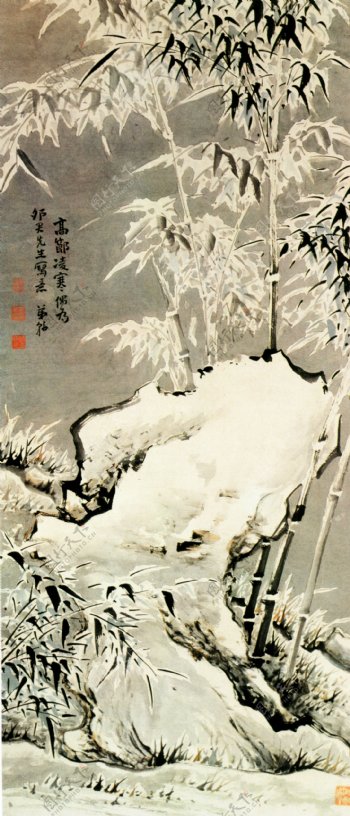 雪景竹石图花鸟画中国古画0455
