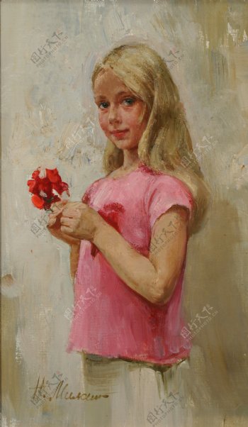 拿着红花的小女孩油画图片