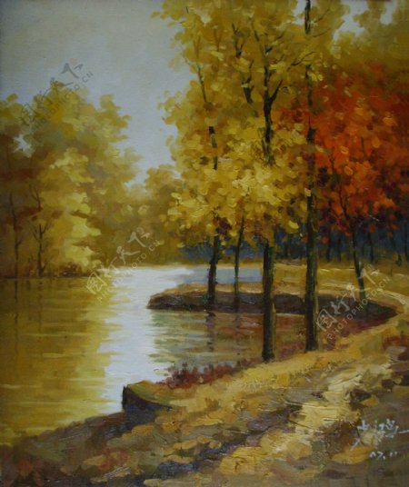 树与河流油画图片