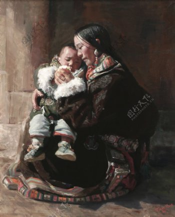 抱着孩子的西藏美女油画图片