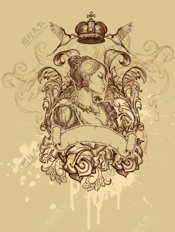 皇冠美女插画印花图案