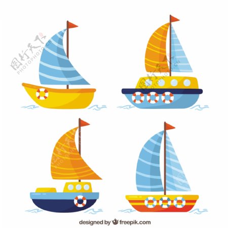 四个扁平风格帆船图标矢量素材
