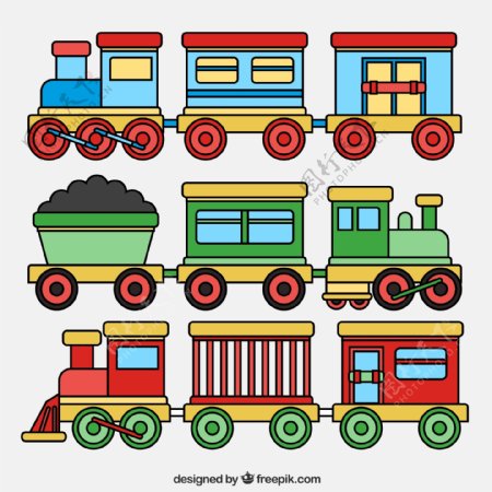 手绘彩色玩具火车集合