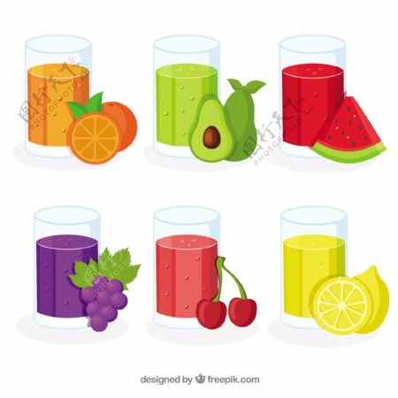 六个扁平风格玻璃杯装的果汁插图