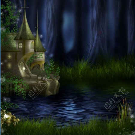 河边的梦幻城堡背景图片
