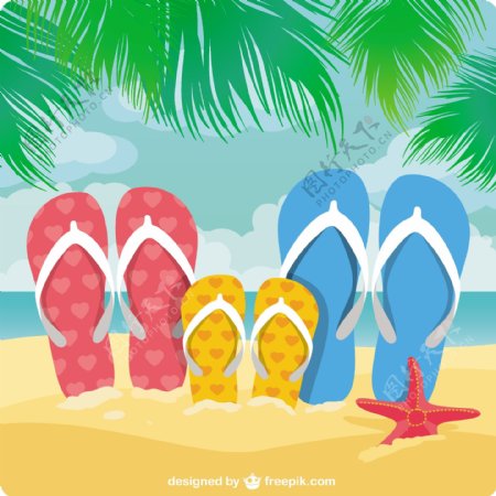 家庭凉鞋在沙滩上