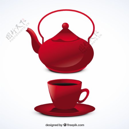 红色茶壶和杯子