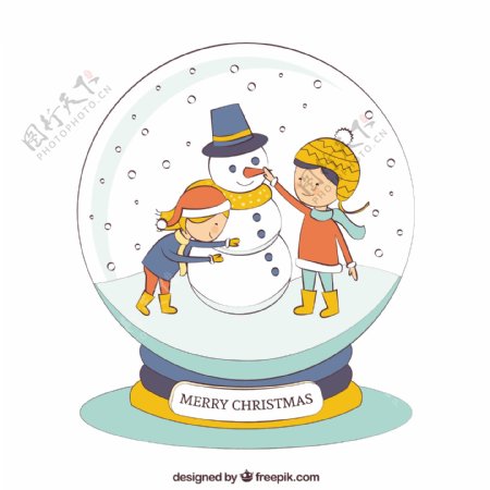 手绘的雪人和孩子们在一个水晶球