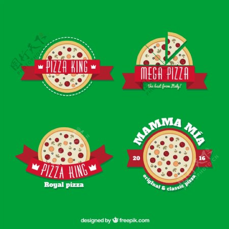 绿色背景下的比萨饼的四个标志