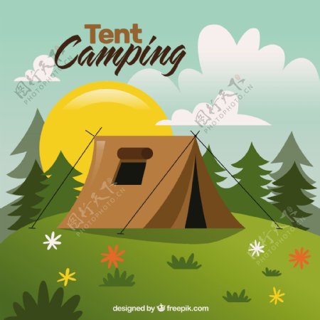 一方面用帐篷露营绘景