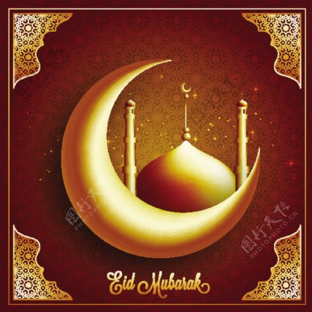 带有图案设计背景的清真寺的3D新月美丽的伊斯兰节日贺卡EidMubarak庆典