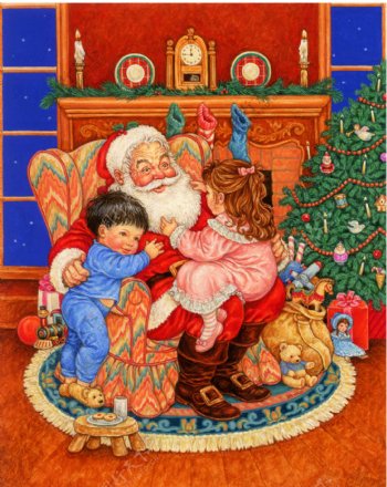 圣诞老人与儿童油画
