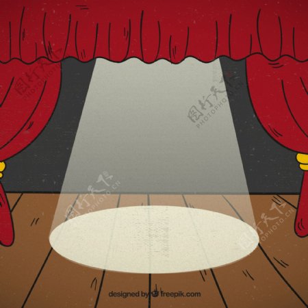 带有红色窗帘的木制舞台背景