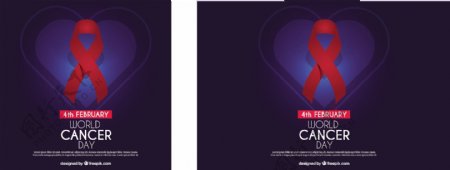 深蓝色背景心脏和红丝带为世界癌症日