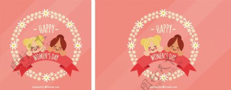 粉红花环背景和妇女节的两个女孩
