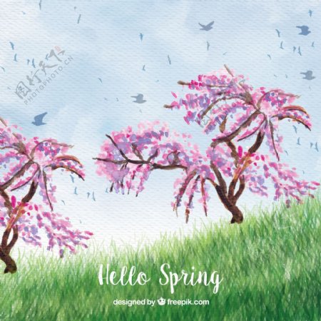 可爱的春天景观与水彩树的背景