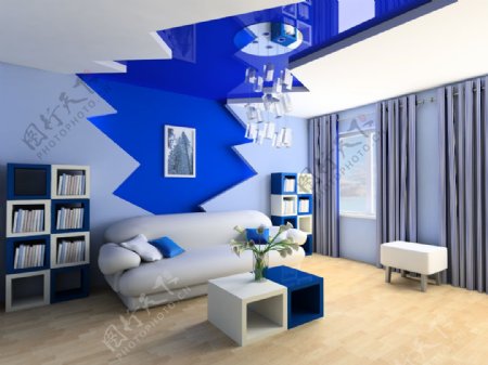 蓝色风格房间装潢图片