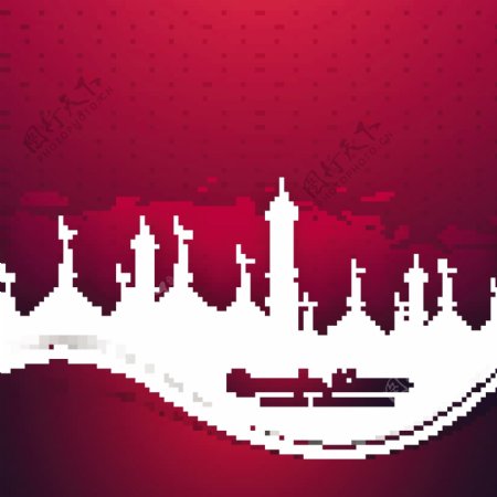 开斋节清真寺剪影红色背景