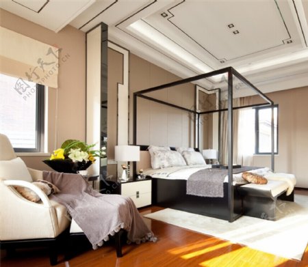 新中式简约卧室大床吊顶设计图