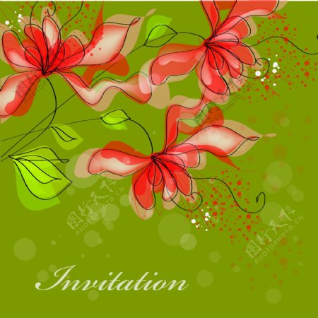 红色和绿色的花卉插图背景
