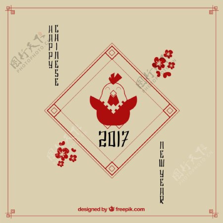 红色新年背景与美丽的金色公鸡