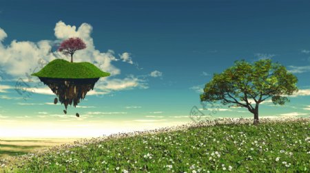 悬浮岛与树木草原风景图片