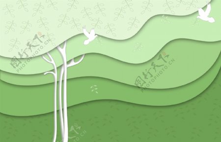 绿色小树白鸽3D立体背景墙