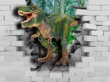 恐龙冲破墙壁背景墙
